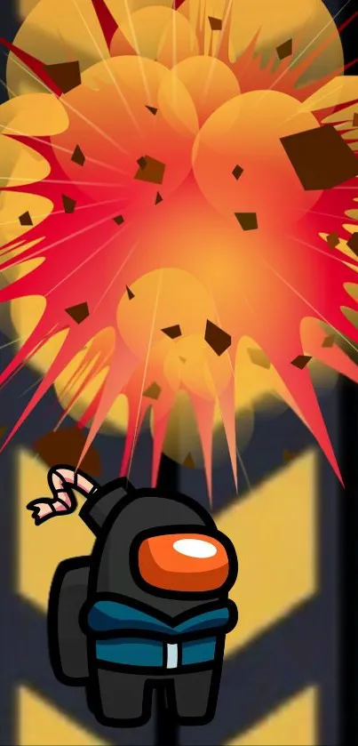 Animated game character with explosive background.