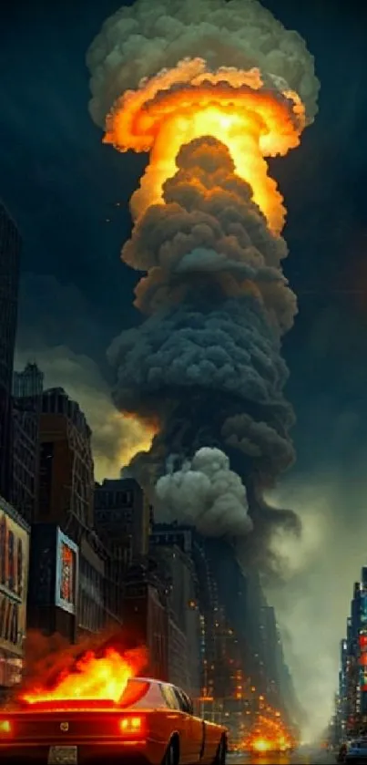 Wallpaper of a fiery explosion in a cityscape, illuminating the urban night.