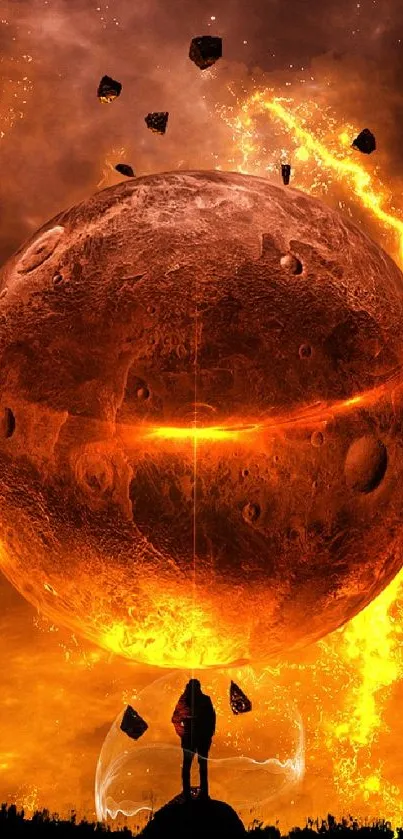 Explosive fiery planet with asteroids in space scene wallpaper.