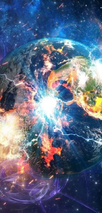 Explosive Earth with vibrant cosmic energy in digital art style.