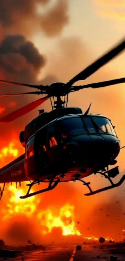 Helicopter flying in front of a massive explosion.