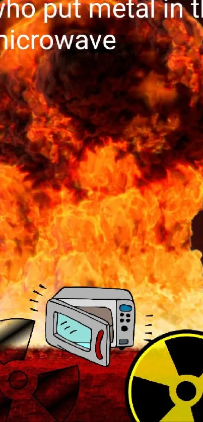 Humorous explosion with microwave elements and fiery background image.