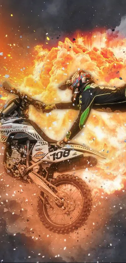 Motocross rider performing a daring stunt in front of a fiery explosion.