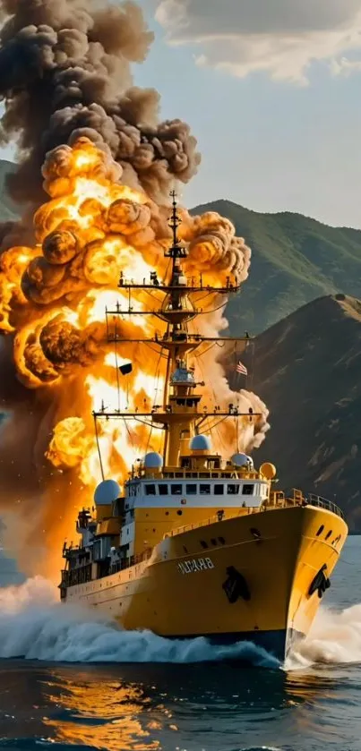 Naval ship explosion with fiery clouds and mountain backdrop.