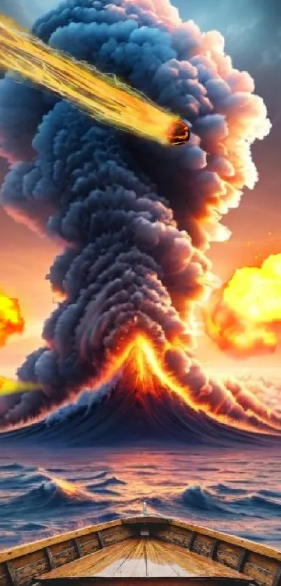 Explosive scene with erupting volcano and meteor in vibrant colors.