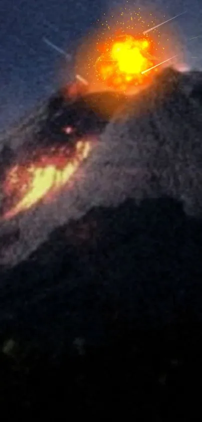 Volcano eruption with vibrant fiery explosion at night.