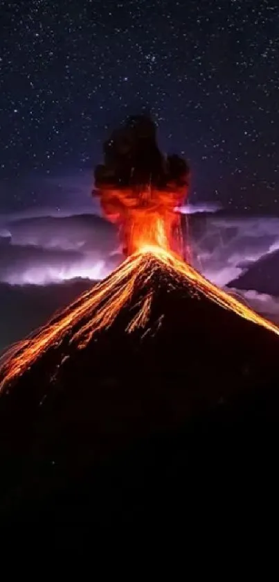 Volcano eruption at night with starry sky backdrop.