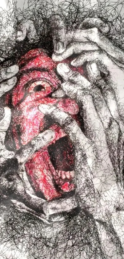 Abstract red face surrounded by sketchy hands in artistic design.