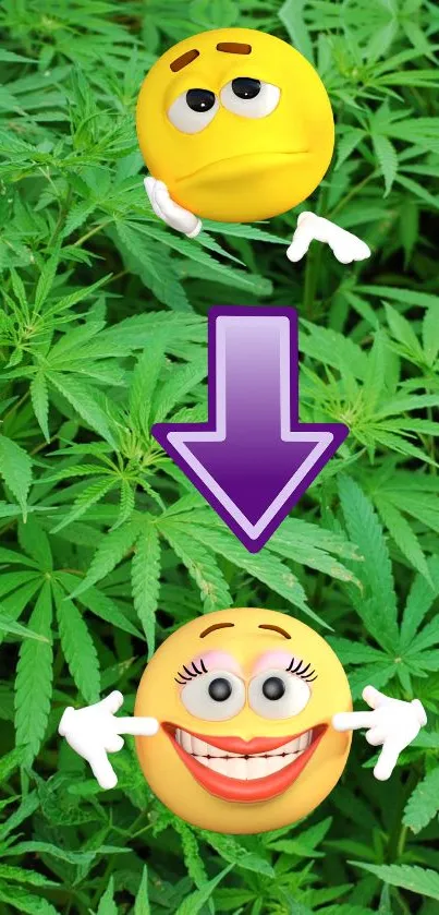 Playful emojis on a leafy green background with a purple arrow.