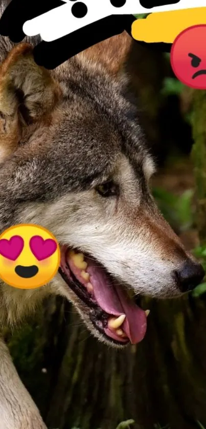 Wolf with expressive emojis on a lush, green forest backdrop.