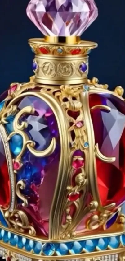Bejeweled perfume bottle with vibrant gems against a dark background.