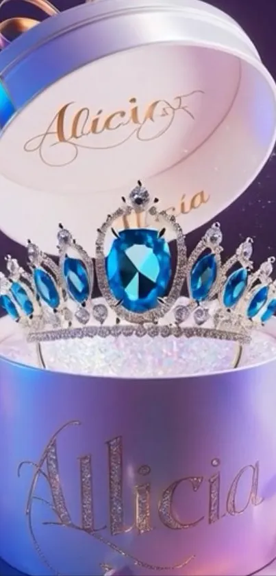 Elegant tiara with blue gemstones in decorative box.