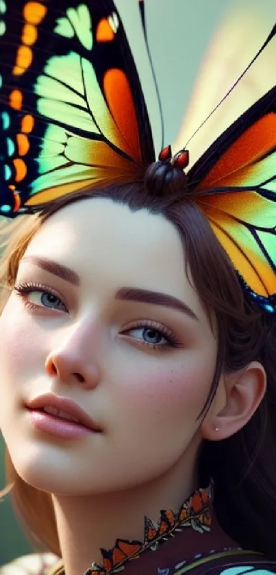 Woman with a butterfly crown in vibrant art.