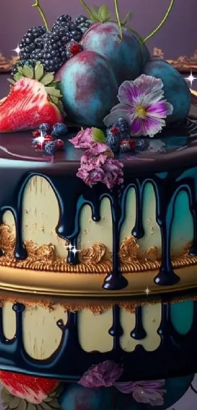 Elegant cake with dark chocolate and fruit decoration.