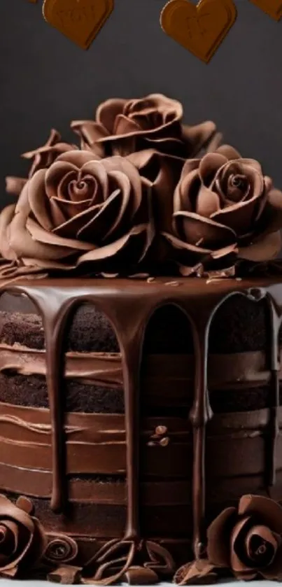 Chocolate cake with artistic rose decorations.