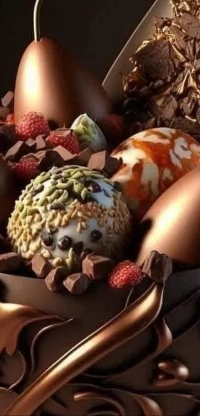 Artistic chocolate dessert with berries