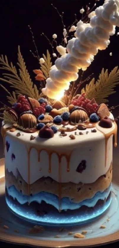 Elegant cake with fruits, chocolate, and decorations on a plate.