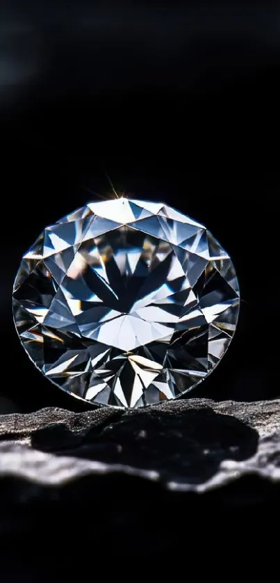 Gleaming diamond placed on textured dark rocks.