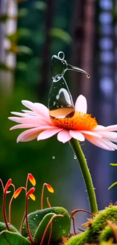 Glass penguin sculpture resting on a vibrant flower.