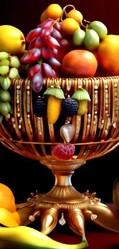 Exquisite gold fruit bowl with colorful, realistic fruit arrangement.