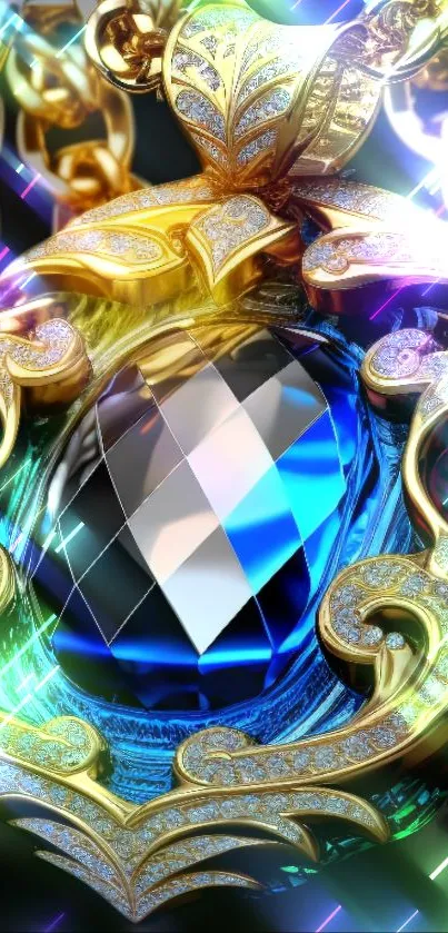 Luxurious gemstone pendant with vibrant colors and intricate gold details.