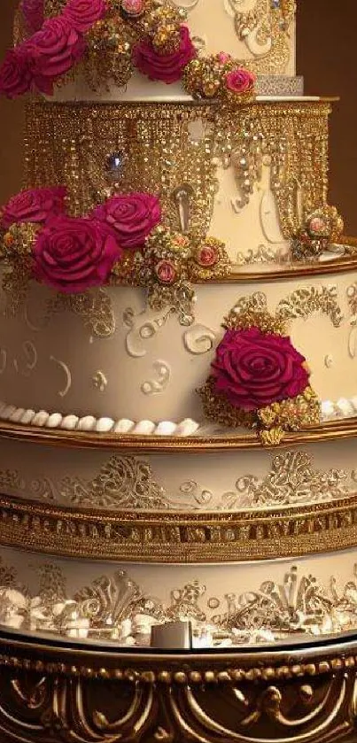 Luxurious cake with gold and pink roses design wallpaper.