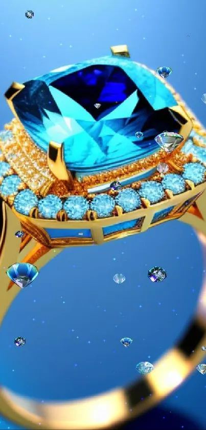 Gold ring with a blue sapphire, perfect for wallpaper.