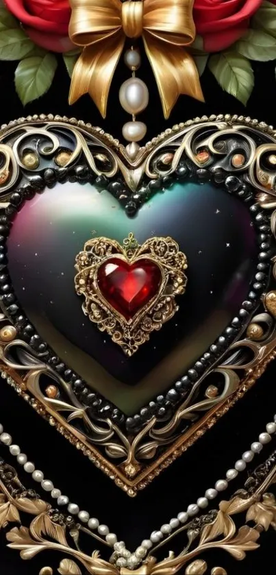 Heart-shaped jewelry design with gold accents and roses.