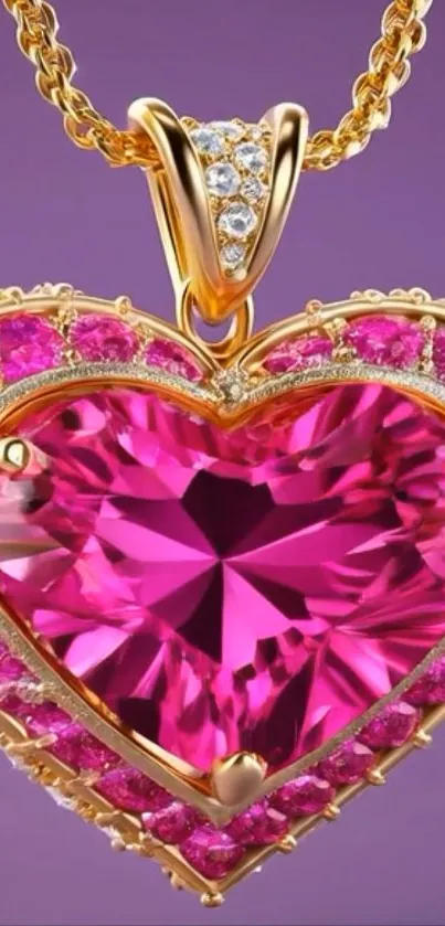 Heart-shaped pink gemstone pendant with gold chain on purple background.