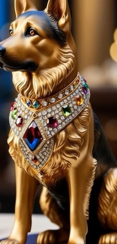 Jeweled dog statue with luxurious design, gold and vibrant colors.
