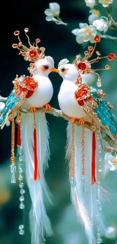 Ornate lovebirds on floral branch wallpaper.