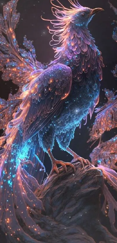 A neon fantasy bird art with glowing feathers and ethereal lighting.