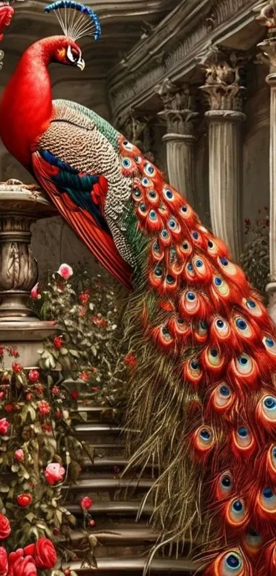 Vibrant peacock with colorful feathers among roses and classical columns.