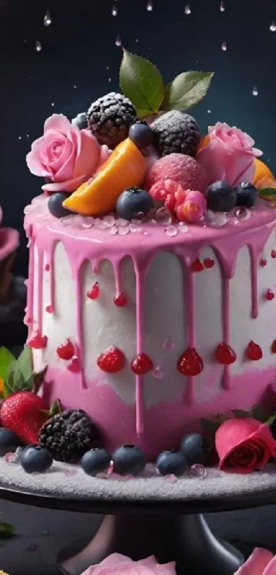 Pink cake with fruit and rose decorations on a platter.