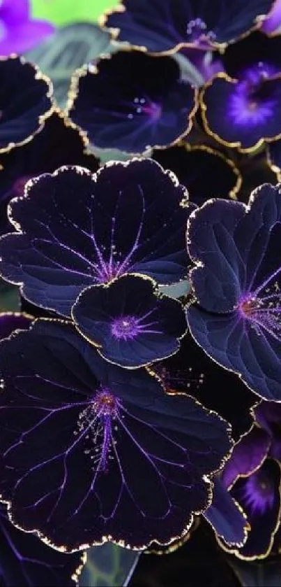 Purple flowers with gold edges creating a luxurious pattern.