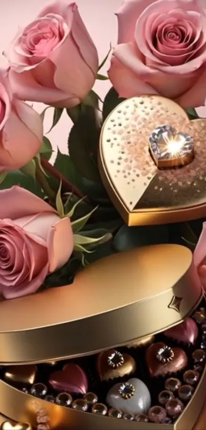 Pink roses and heart-shaped gift boxes create a romantic ambiance.