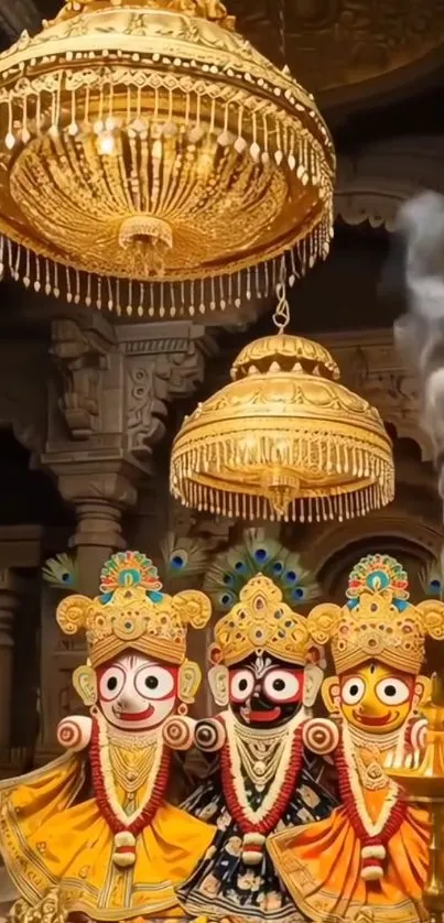 Ornate temple chandeliers with vibrant deity statues.