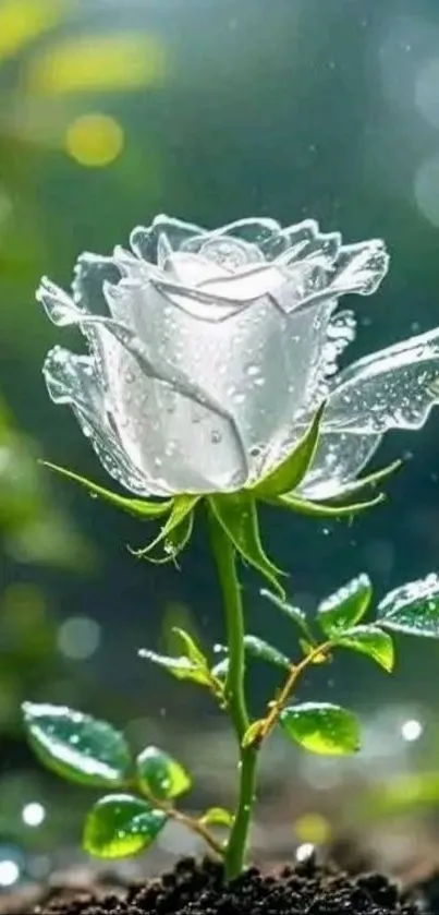 White rose with dewdrops in green background.