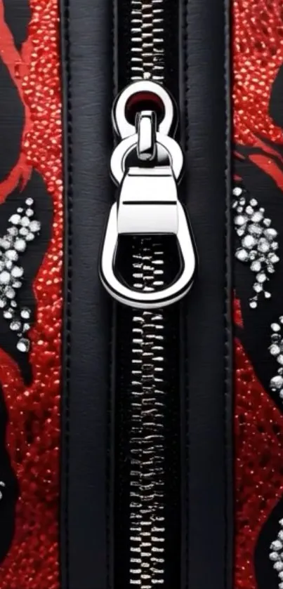 Intricate zipper design on red and black wallpaper.