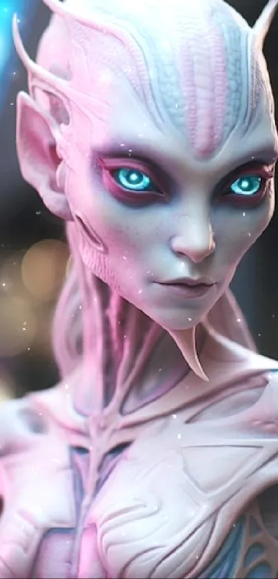 Alien figure with bright blue eyes and intricate designs in a sci-fi theme.