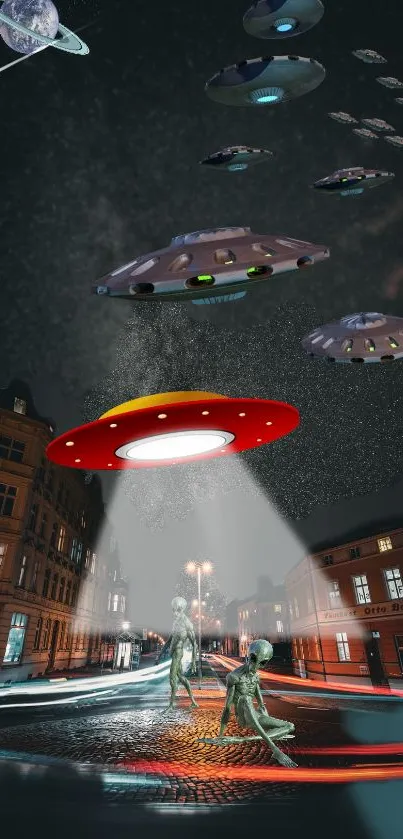 UFOs hover above a cityscape at night.