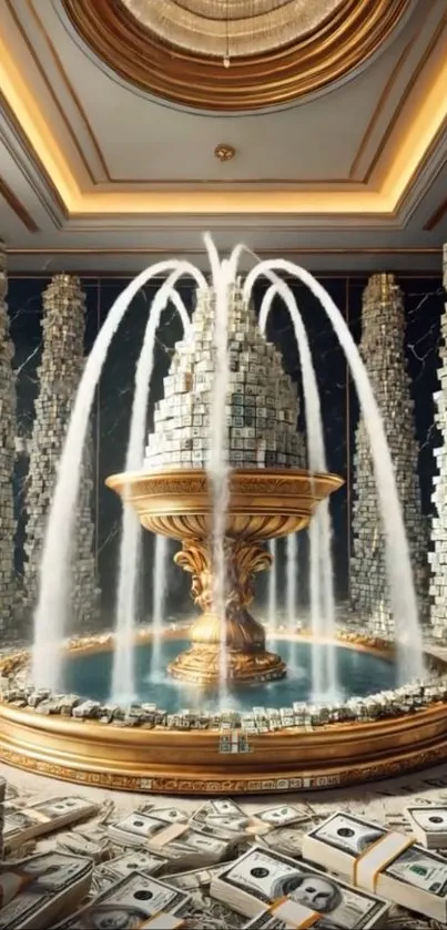 A grand indoor fountain spilling over stacks of money.