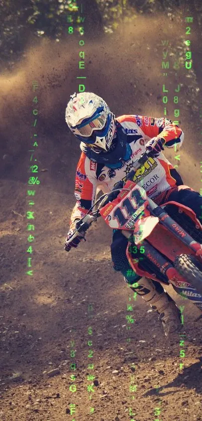 Motocross rider racing with digital code overlay on dirt track.