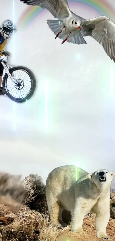 Biker jumps across rugged mountain path under a cloudy sky.