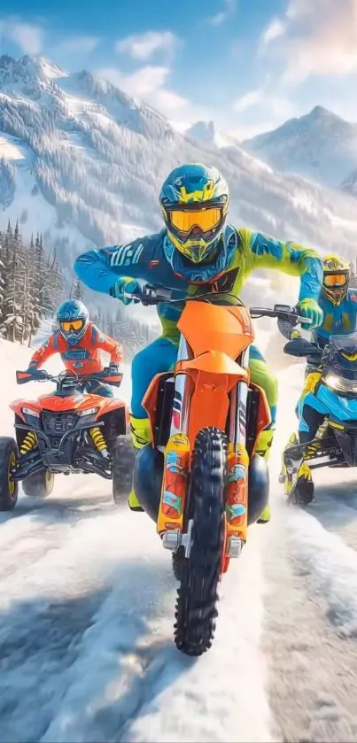 Extreme snow adventure with motorbikes racing in icy mountains.