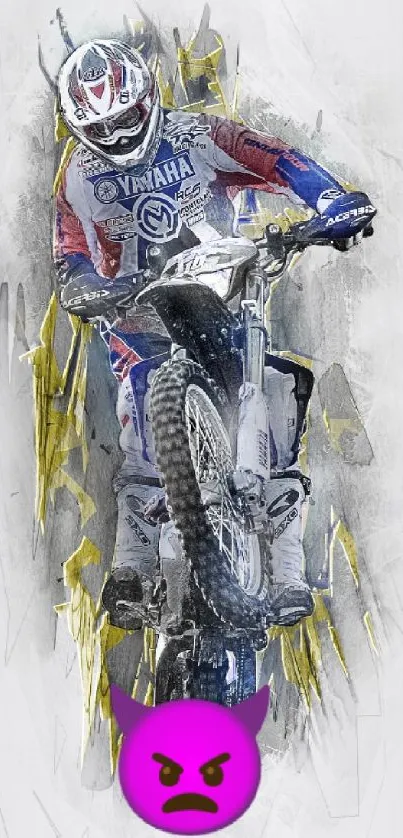 Motocross rider in action with steel-blue bike and helmet on abstract background.