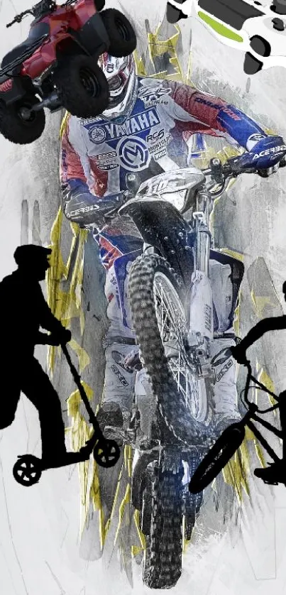 Extreme sports wallpaper with motocross, BMX, and silhouettes on a gray background.