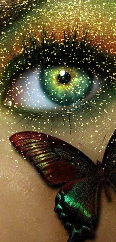 Close-up of green eye with butterfly art on mobile wallpaper.