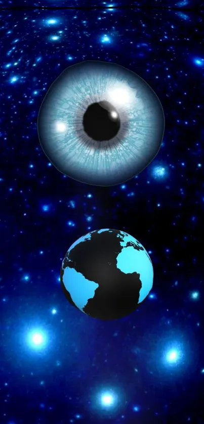 Surreal wallpaper with eye over Earth in a blue starry galaxy.