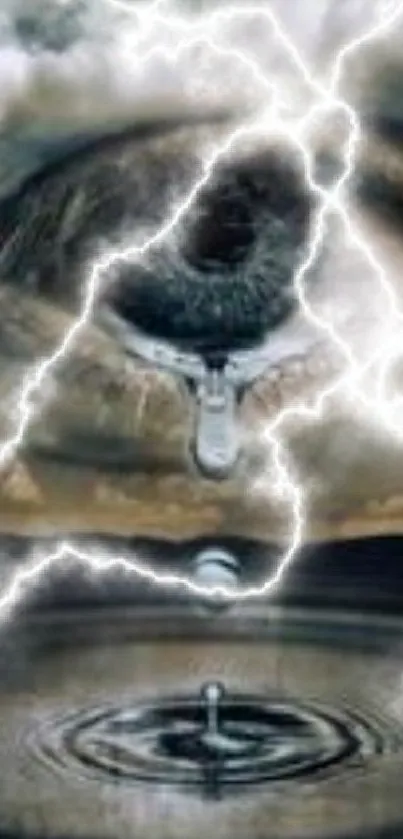 Wallpaper of an eye with lightning and a water ripple.